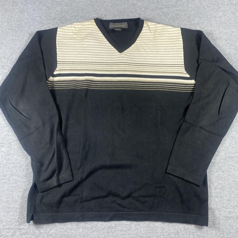 Banana Republic Sweater Mens Medium Black‎ Tan Stripe V Neck Cotton Pullover